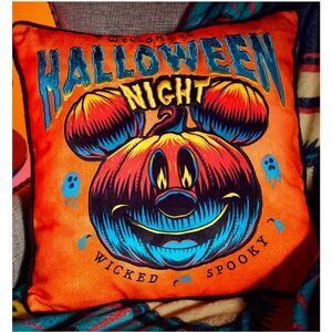 Disney Parks Mickey Mouse Halloween Night Jack-o'-Lantern Orange & Black Pillow